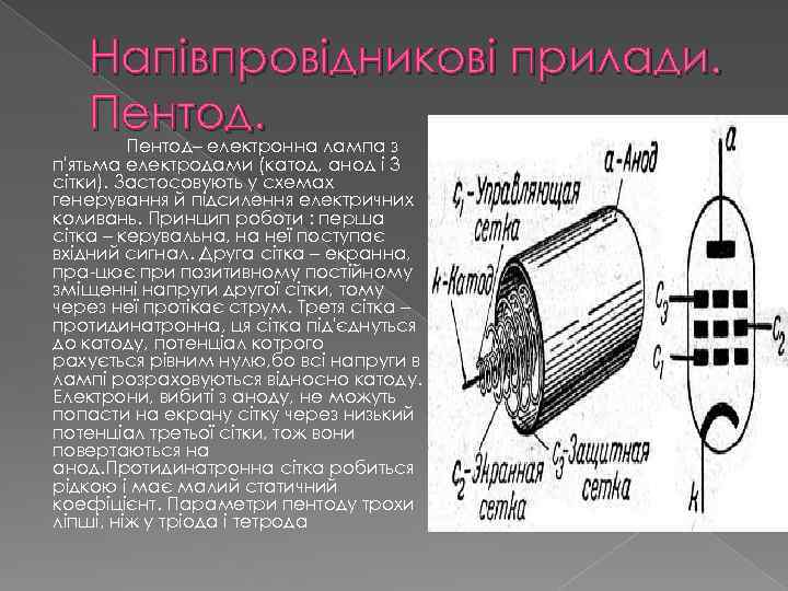 Напівпровідникові прилади. Пентод– електронна лампа з п'ятьма електродами (катод, анод і 3 сітки). Застосовують