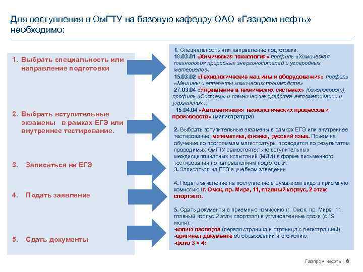 Для поступления в Ом. ГТУ на базовую кафедру ОАО «Газпром нефть» необходимо: 1. Выбрать