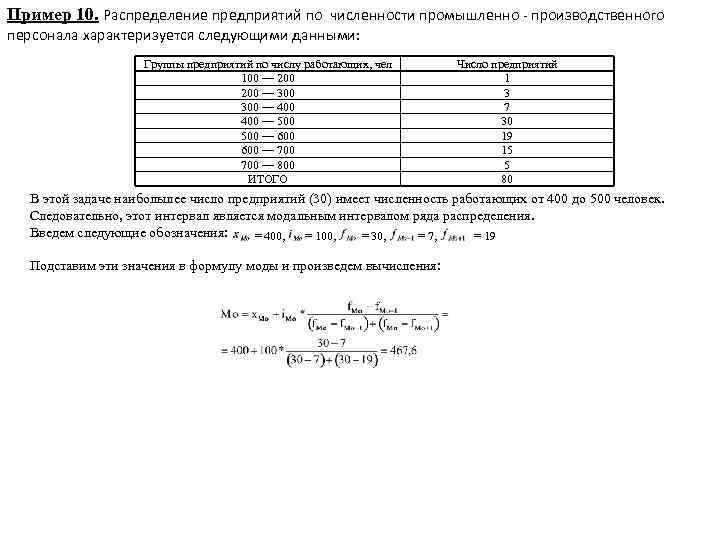 Пример 10. Распределение предприятий по численности промышленно - производственного персонала характеризуется следующими данными: Группы