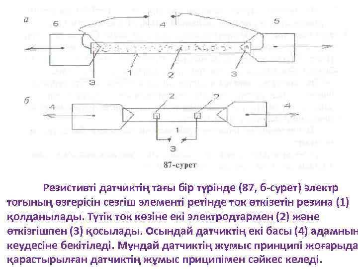 Резистивті датчиктің тағы бір түрінде (87, б-сурет) электр тогының өзгерісін сезгіш элементі ретінде ток