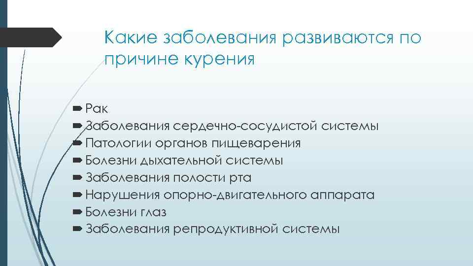 Какие заболевания развиваются по причине курения Рак Заболевания сердечно-сосудистой системы Патологии органов пищеварения Болезни