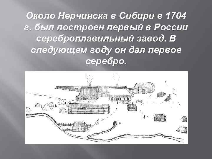 Около Нерчинска в Сибири в 1704 г. был построен первый в России сереброплавильный завод.