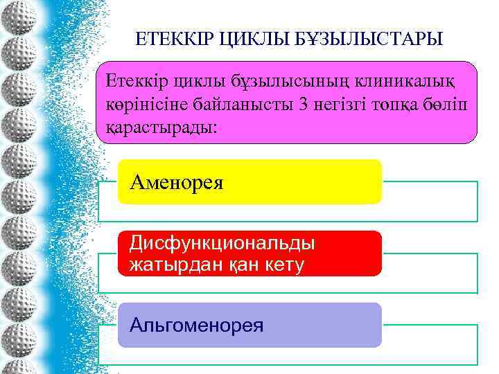 ЕТЕККІР ЦИКЛЫ БҰЗЫЛЫСТАРЫ Етеккір циклы бұзылысының клиникалық көрінісіне байланысты 3 негізгі топқа бөліп қарастырады: