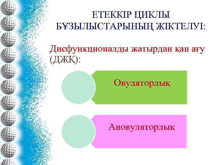 ЕТЕККІР ЦИКЛЫ БҰЗЫЛЫСТАРЫНЫҢ ЖІКТЕЛУІ: Дисфункционалды жатырдан қан ағу (ДЖҚ): Овуляторлық Ановуляторлық 