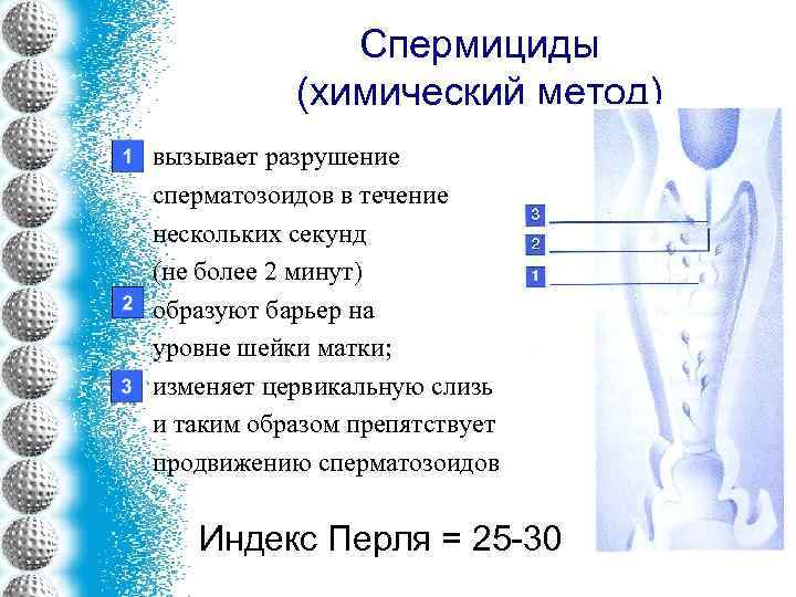 Спермициды (химический метод) вызывает разрушение сперматозоидов в течение нескольких секунд (не более 2 минут)