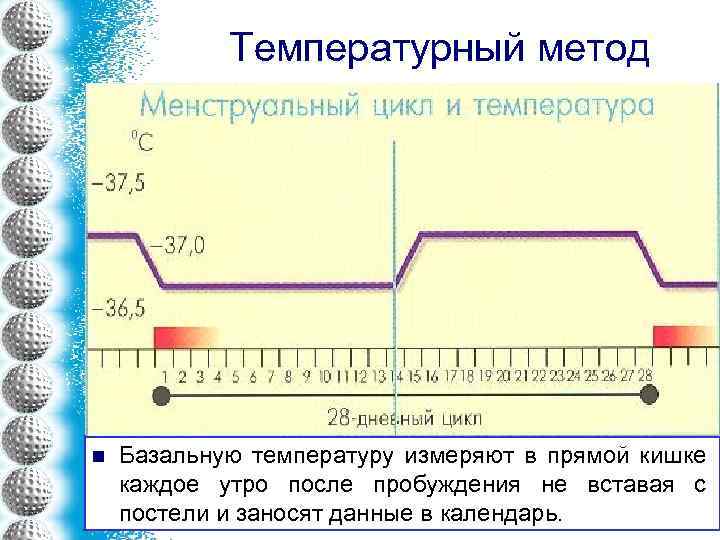 Температурный метод n Базальную температуру измеряют в прямой кишке каждое утро после пробуждения не