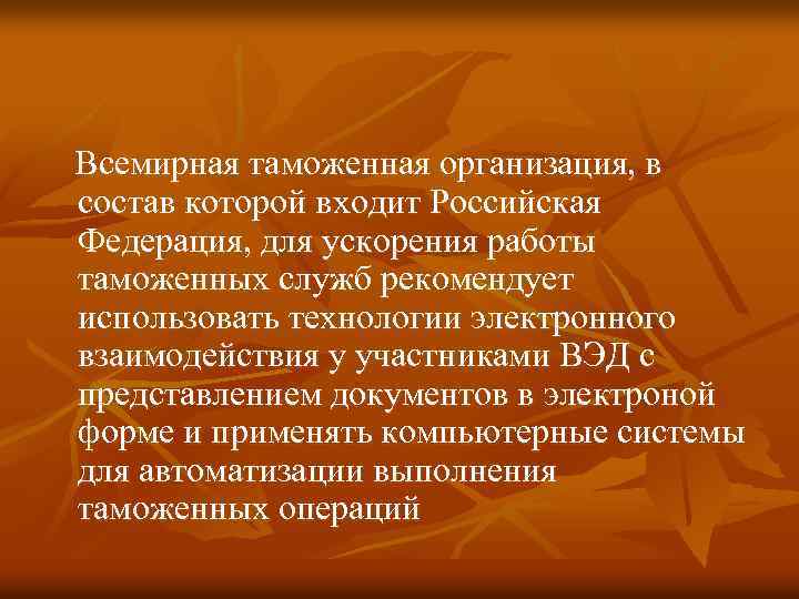 Всемирная таможенная организация, в состав которой входит Российская Федерация, для ускорения работы таможенных служб