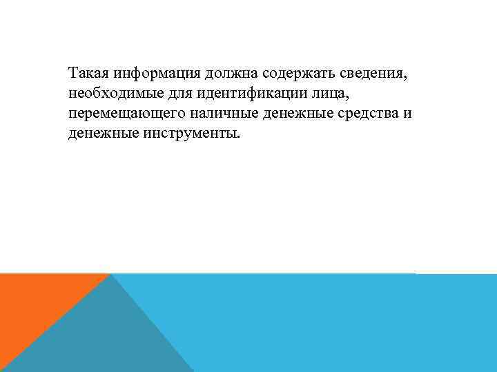 Такая информация должна содержать сведения, необходимые для идентификации лица, перемещающего наличные денежные средства и