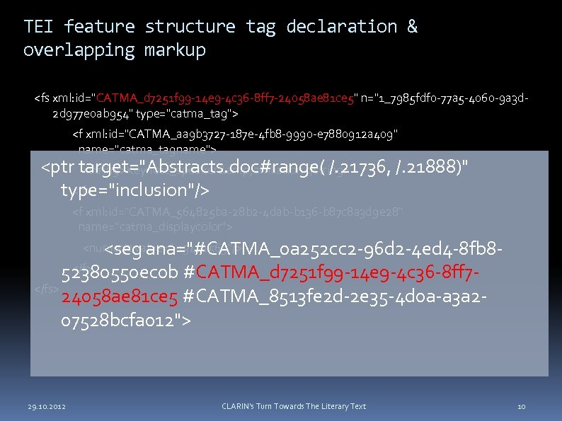 TEI feature structure tag declaration & overlapping markup <fs xml: id=