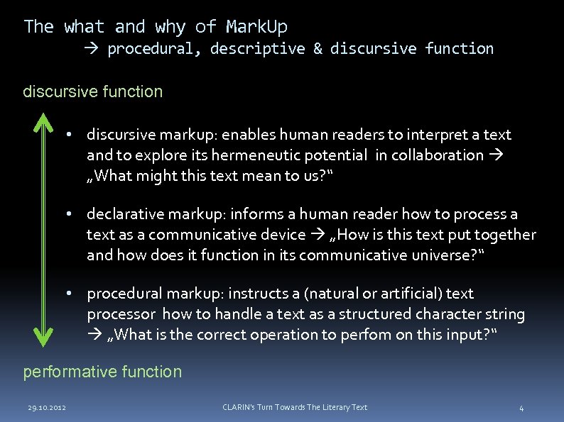 The what and why of Mark. Up procedural, descriptive & discursive function • discursive