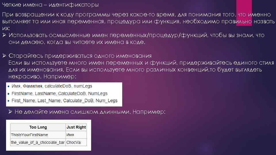 Четкие имена – идентификаторы При возвращении к коду программы через какое-то время, для понимания