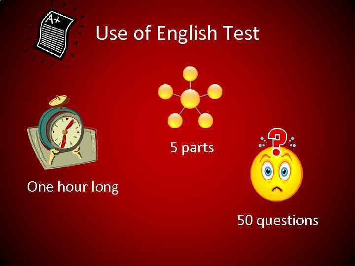 Use of English Test 5 parts One hour long 50 questions 