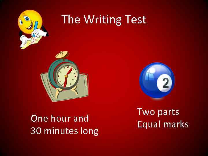 The Writing Test One hour and 30 minutes long Two parts Equal marks 
