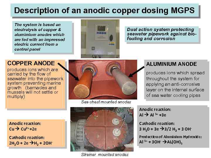 Description of an anodic copper dosing MGPS The system is based on electrolysis of