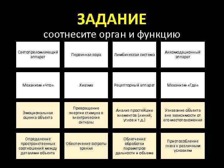 ЗАДАНИЕ соотнесите орган и функцию Светопреломляющий аппарат Первичная кора Лимбическая система Аккомодационный аппарат Механизм