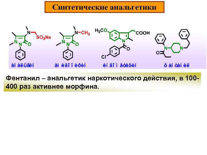 Синтетические анальгетики Фентанил – анальгетик наркотического действия, в 100400 раз активнее морфина. 