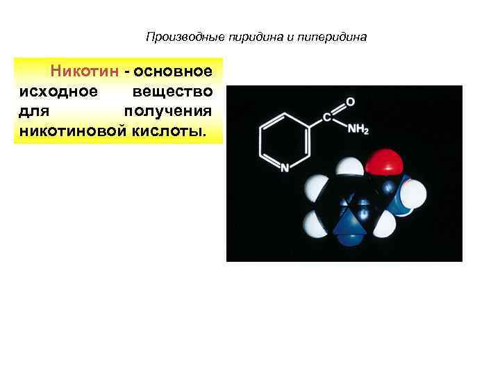 Производные пиридина и пиперидина Никотин - основное исходное вещество для получения никотиновой кислоты. 