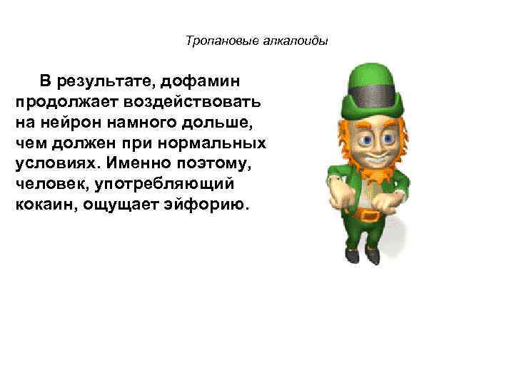 Тропановые алкалоиды В результате, дофамин продолжает воздействовать на нейрон намного дольше, чем должен при