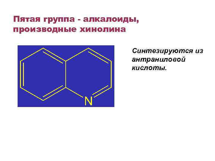 Пятая группа - алкалоиды, производные хинолина Синтезируются из антраниловой кислоты. 