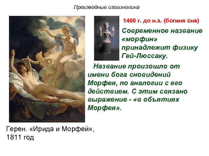 Производные изохинолина 1400 г. до н. э. (богиня сна) Современное название «морфин» принадлежит физику
