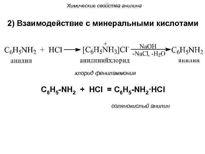 Хлорид фениламмония. Хлорид фениламмония характеристика. Взаимодействие анилина с кислотой. Хлорид фениламмония химические свойства. Химические свойства анилина.