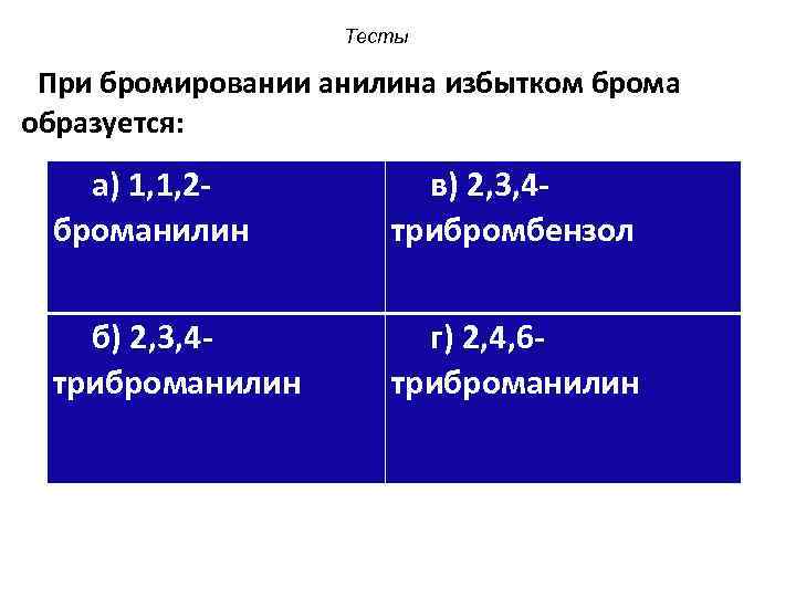 Тесты При бромировании анилина избытком брома образуется: а) 1, 1, 2 броманилин в) 2,
