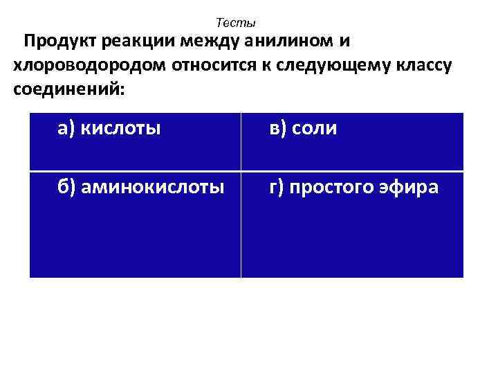 Тесты Продукт реакции между анилином и хлороводородом относится к следующему классу соединений: а) кислоты