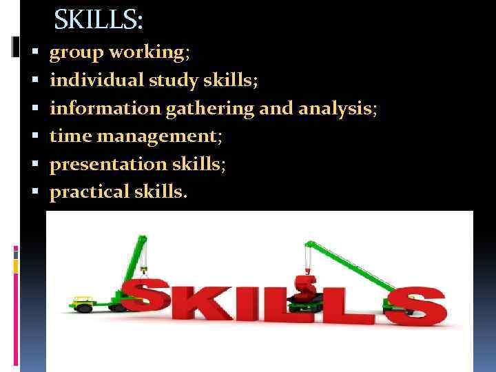 SKILLS: group working; individual study skills; information gathering and analysis; time management; presentation skills;