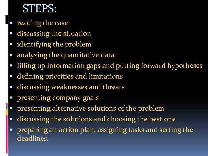 STEPS: reading the case discussing the situation identifying the problem analyzing the quantitative data