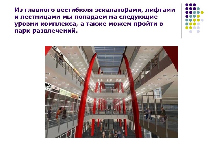 Из главного вестибюля эскалаторами, лифтами и лестницами мы попадаем на следующие уровни комплекса, а