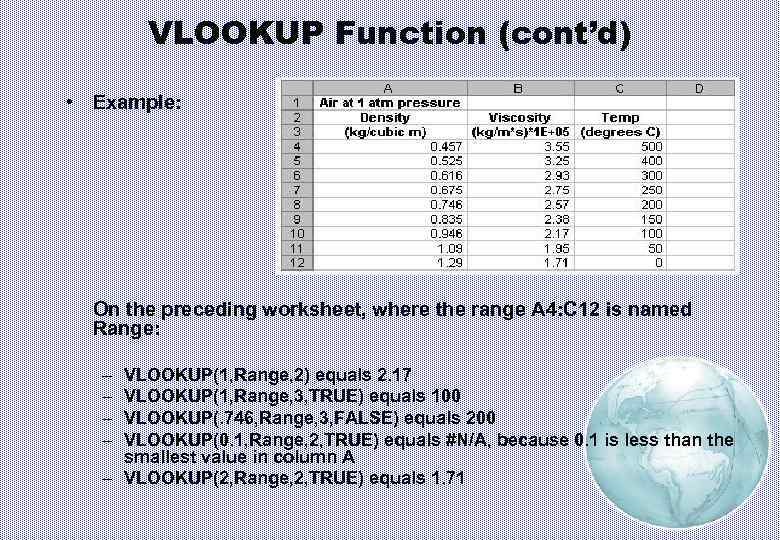 VLOOKUP Function (cont’d) • Example: On the preceding worksheet, where the range A 4: