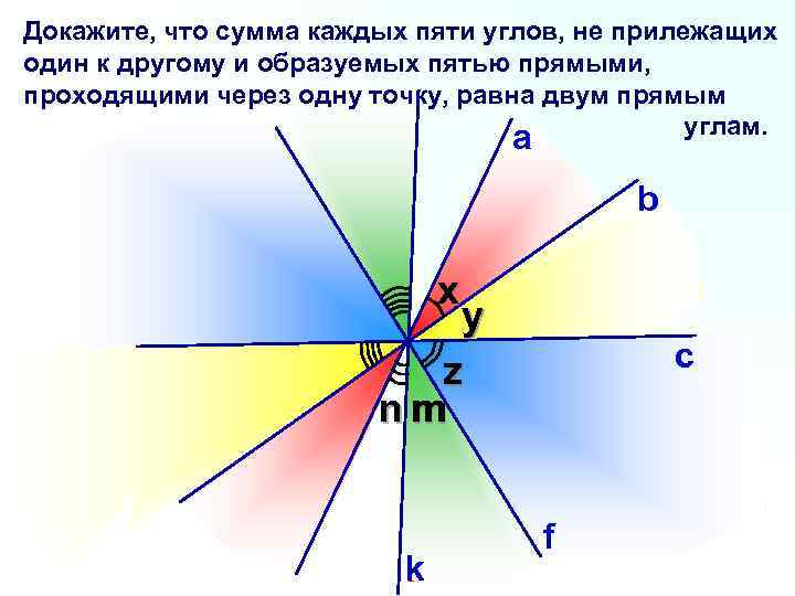 Докажите, что сумма каждых пяти углов, не прилежащих один к другому и образуемых пятью