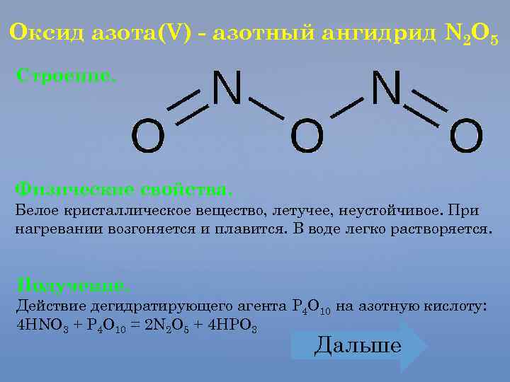 Оксид азота(V) - азотный ангидрид N 2 O 5 Строение. Физические свойства. Белое кристаллическое