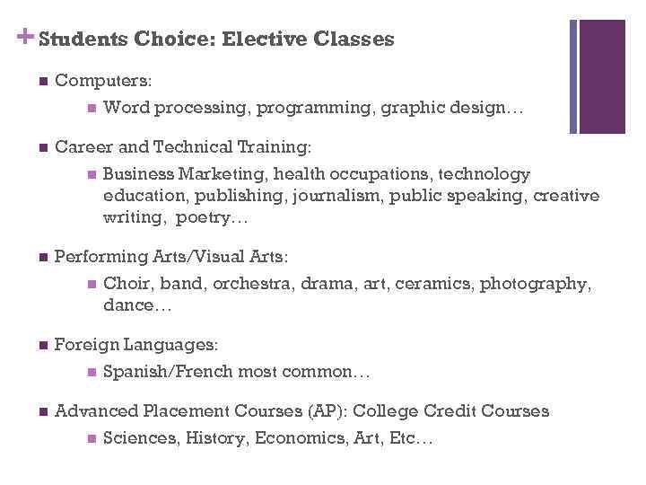 + Students Choice: Elective Classes n Computers: n Word processing, programming, graphic design… n