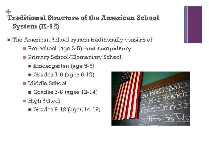 + Traditional Structure of the American School System (K-12) n The American School system