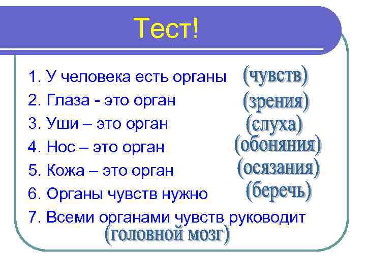 Тест! 1. У человека есть органы 2. Глаза - это орган 3. Уши –