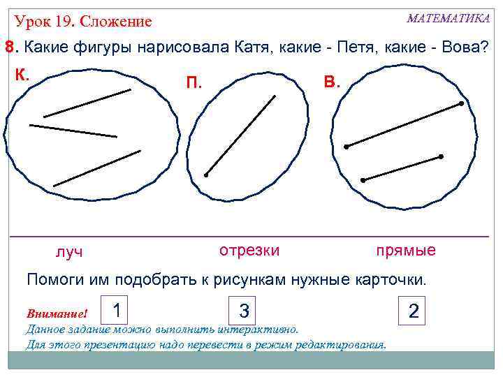 МАТЕМАТИКА Урок 19. Сложение 8. Какие фигуры нарисовала Катя, какие - Петя, какие -