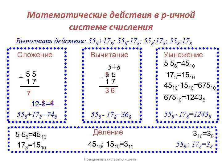 Математические действия в p-ичной системе счисления Выполнить действия: 558+178; 558 -178; 558· 178; 558: