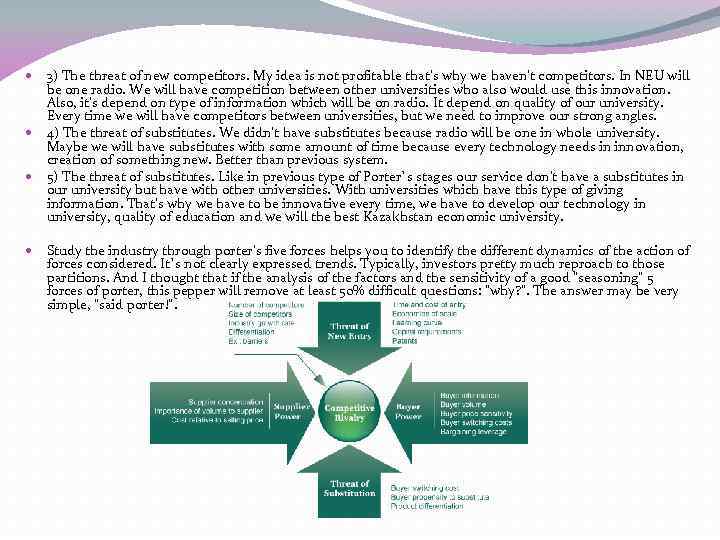 3) The threat of new competitors. My idea is not profitable that’s why we