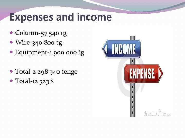 Expenses and income Column-57 540 tg Wire-340 800 tg Equipment-1 900 000 tg Total-2