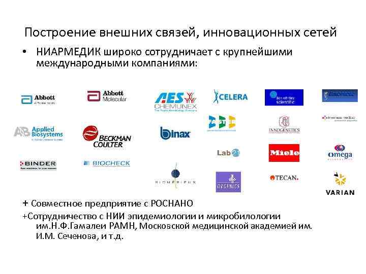 Построение внешних связей, инновационных сетей • НИАРМЕДИК широко сотрудничает с крупнейшими международными компаниями: +