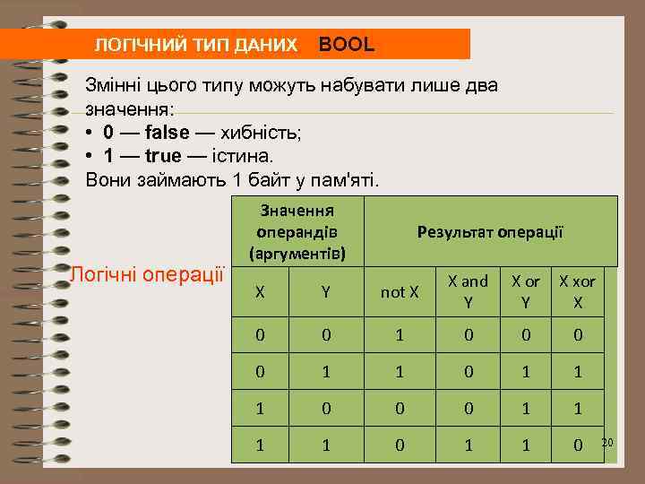 ЛОГІЧНИЙ ТИП ДАНИХ BOOL Змінні цього типу можуть набувати лише два значення: • 0