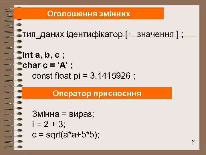 Оголошення змінних тип_даних ідентифікатор [ = значення ] ; int a, b, c ;