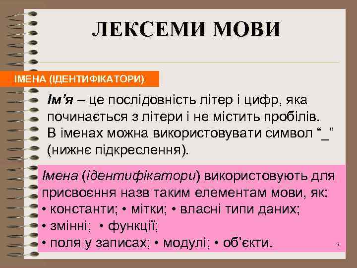 ЛЕКСЕМИ МОВИ ІМЕНА (ІДЕНТИФІКАТОРИ) Ім’я – це послідовність літер і цифр, яка починається з