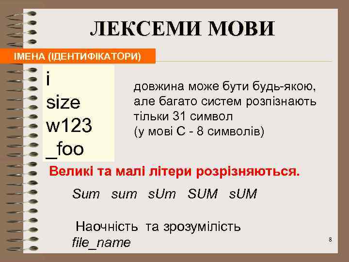 ЛЕКСЕМИ МОВИ ІМЕНА (ІДЕНТИФІКАТОРИ) i size w 123 _foo довжина може бути будь-якою, але