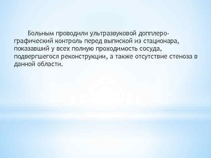 Больным проводили ультразвуковой допплерографический контроль перед выпиской из стационара, показавший у всех полную проходимость