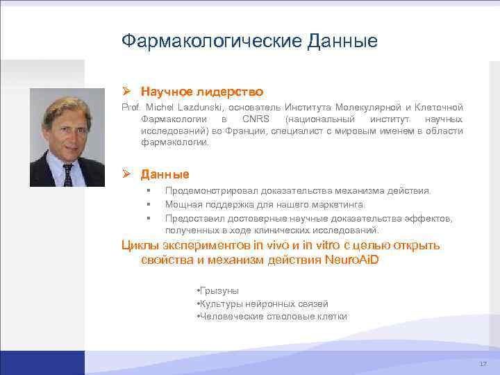 Фармакологические Данные Ø Научное лидерство Prof. Michel Lazdunski, основатель Института Молекулярной и Клеточной Фармакологии