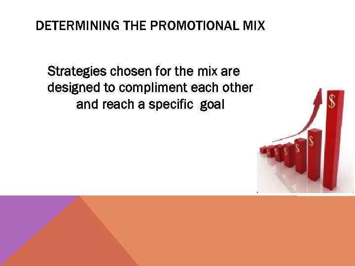 DETERMINING THE PROMOTIONAL MIX Strategies chosen for the mix are designed to compliment each
