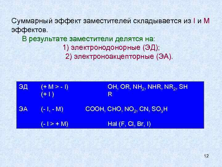 Суммарный эффект заместителей складывается из I и М эффектов. В результате заместители делятся на: