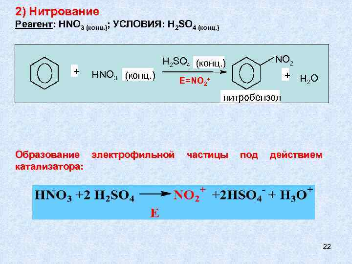 2) Нитрование Реагент: HNO 3 (конц. ); УСЛОВИЯ: H 2 SO 4 (конц. )